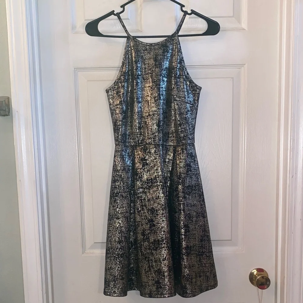 Soprano Shimmering Black and Gold Metallic Mini Dress NWTs
